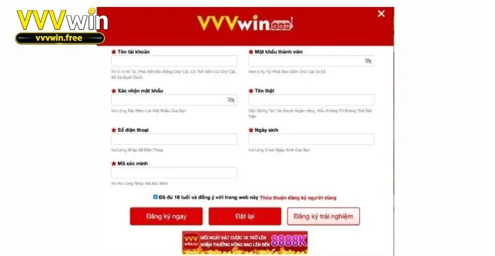 Thao tác tạo tài khoản Vvvwin chuẩn nhất